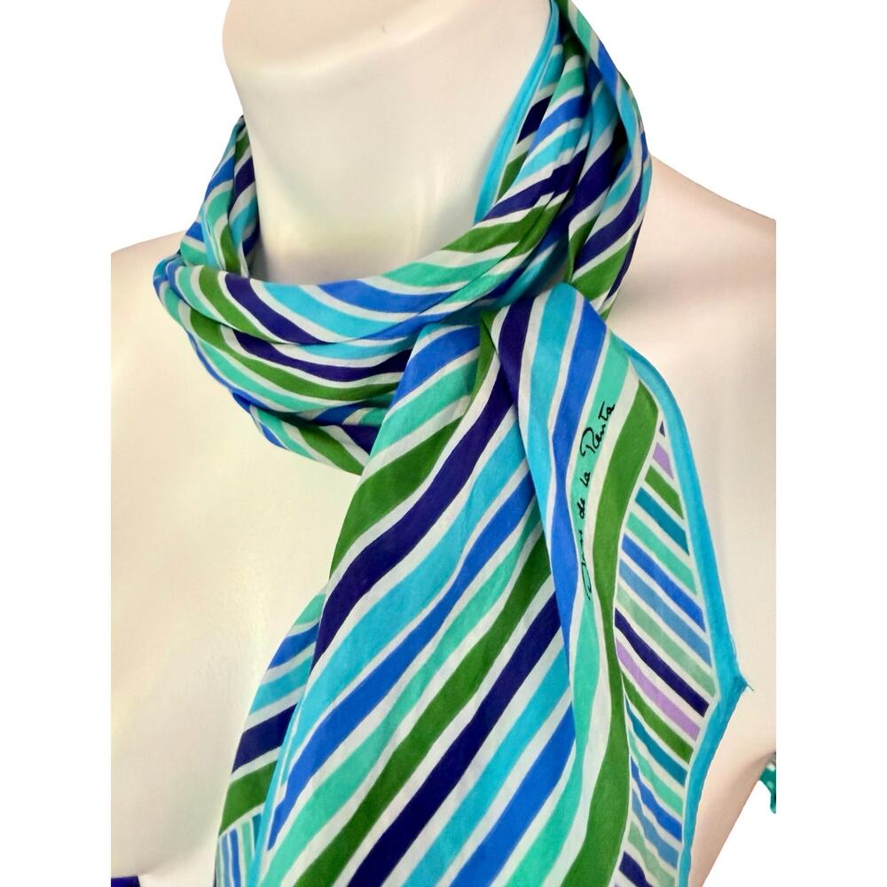 Vintage Oscar de la Renta Silk Skinny Scarf Diagonal Turquoise Japan 7x78" - Picture 5 of 9